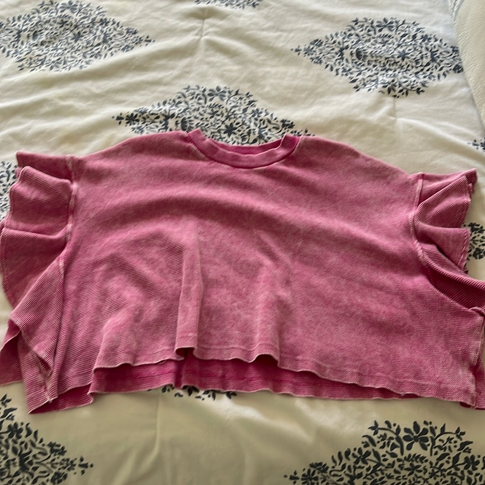 Alter’d State pink ruffle sleeve waffle knit top